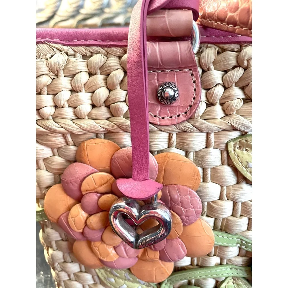 Brighton Straw Tote with Pink Trim and Multicolor Floral Appliques